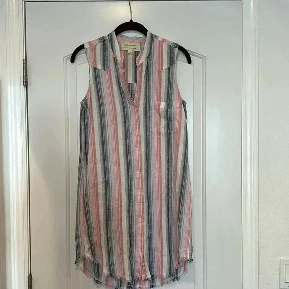 Cloth & Stone Pink Blue Striped Linen Blend Raw Hem Button Down Shift Dress XS - Picture 2 of 11